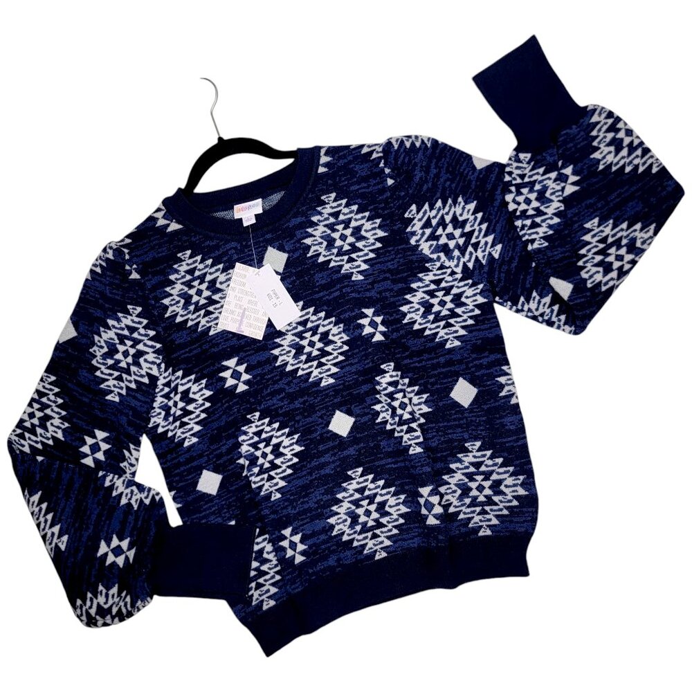 LuLaRoe Southwestern Piper Large NEW Navy Blue Cream Balloon Sleeve Sweater